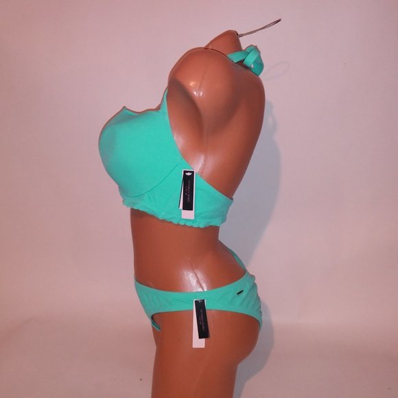 Victoria Secret Swim Bikini‎ 38D Top Large Bottom Aqua Seafoam Glow Scallop Trim - Picture 6 of 9